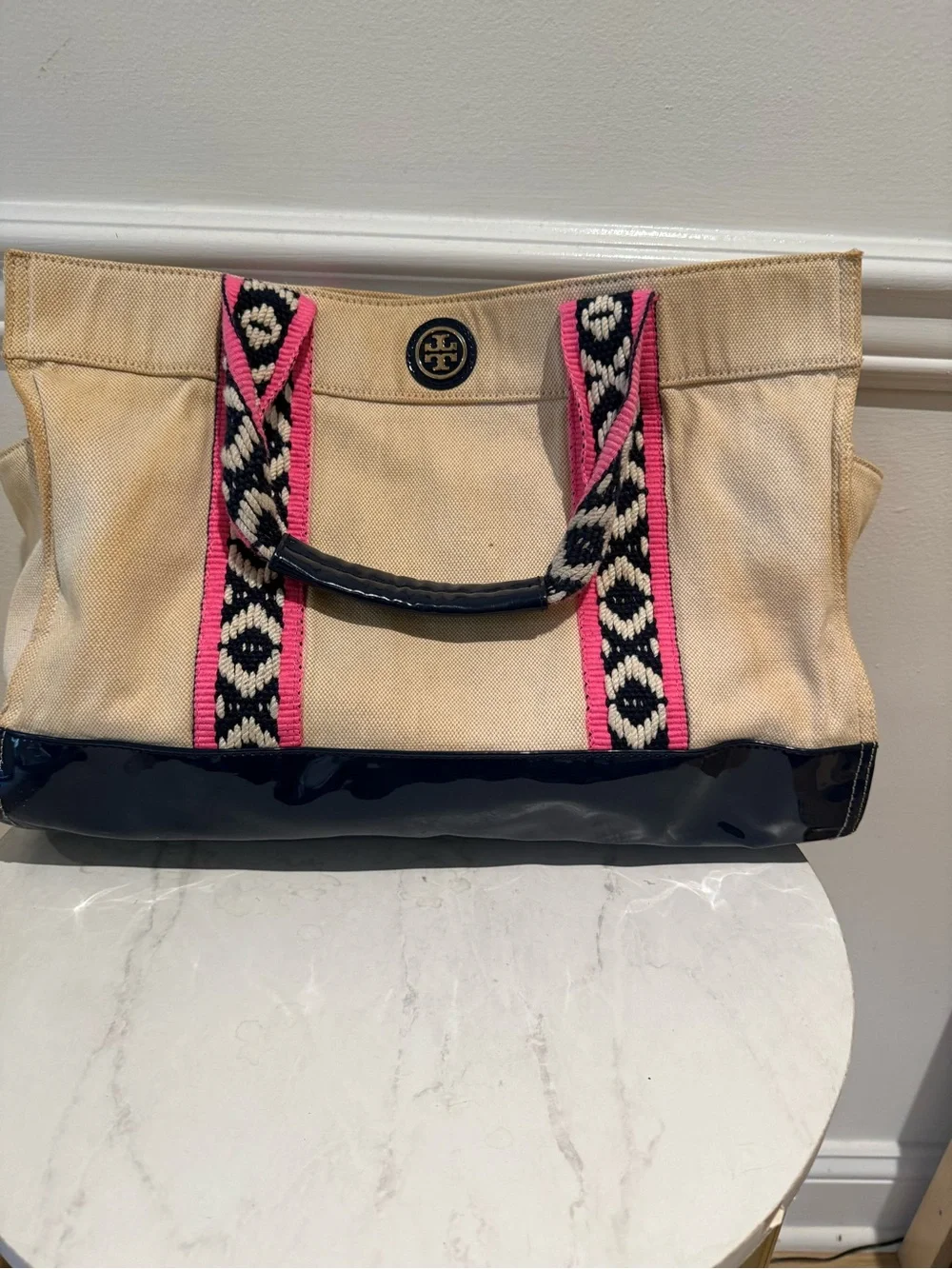 Tory Burch Beige Canvas Tote with Pink Trim and Black Patent Base